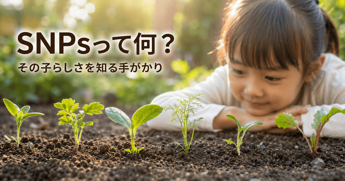 同じ土と光の中で葉の形や育ち方が異なる複数の植物を、子どもが穏やかに見守っている写真調の画像。「SNPsって何？ その子らしさを知る手がかり」と表示されている。