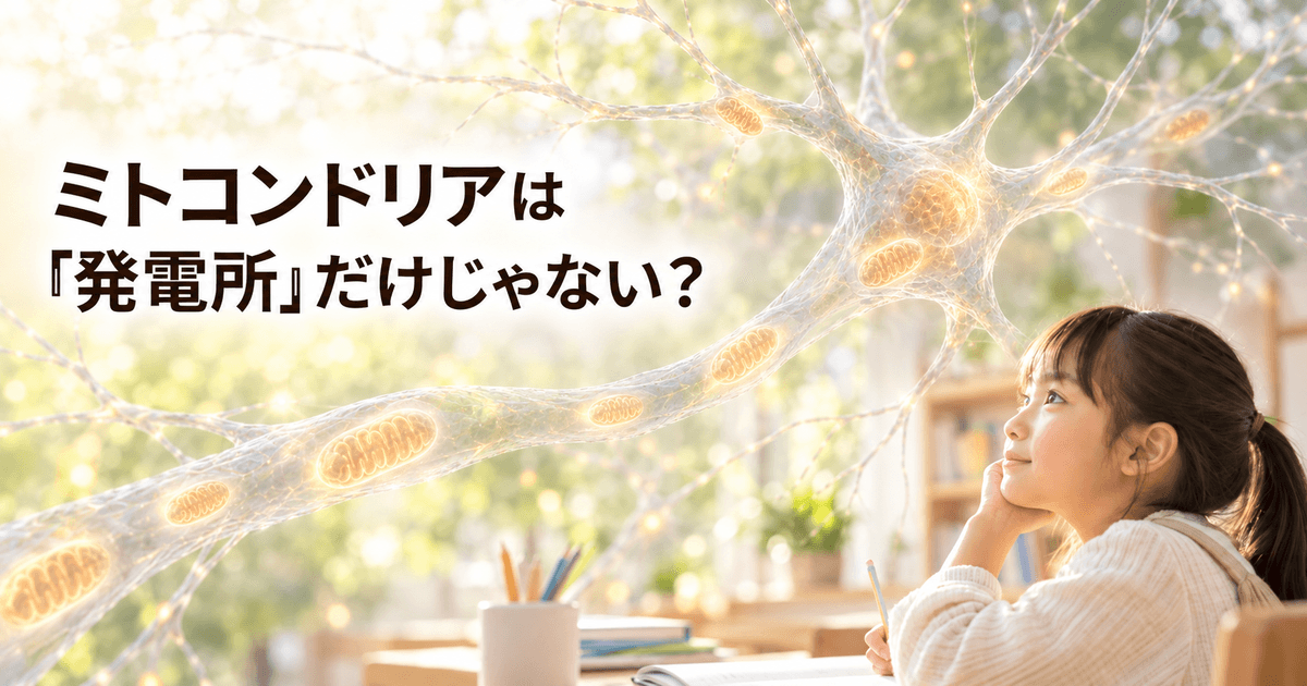 子どもの横顔のそばに神経細胞と複数のミトコンドリアが重なり、ミトコンドリアが神経細胞内に配置されている様子を表したイメージ