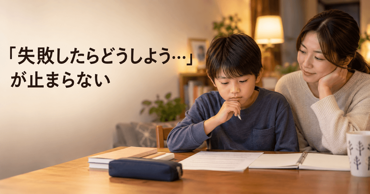 家庭の机で発表原稿を前に少し不安そうに考えている小学生と、隣で静かに話を聞いている保護者