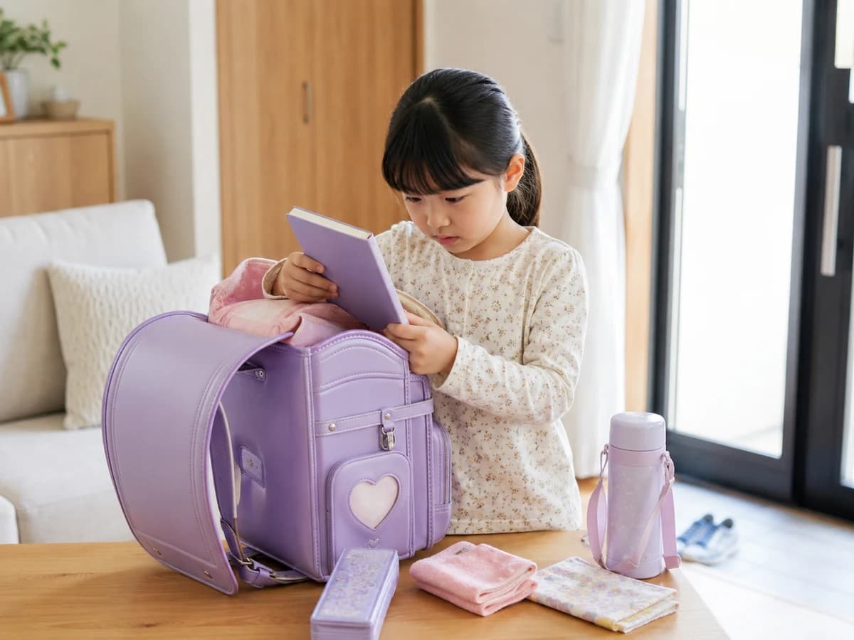 静かな部屋で持ち物を確認しながら、不安そうに整理している女の子