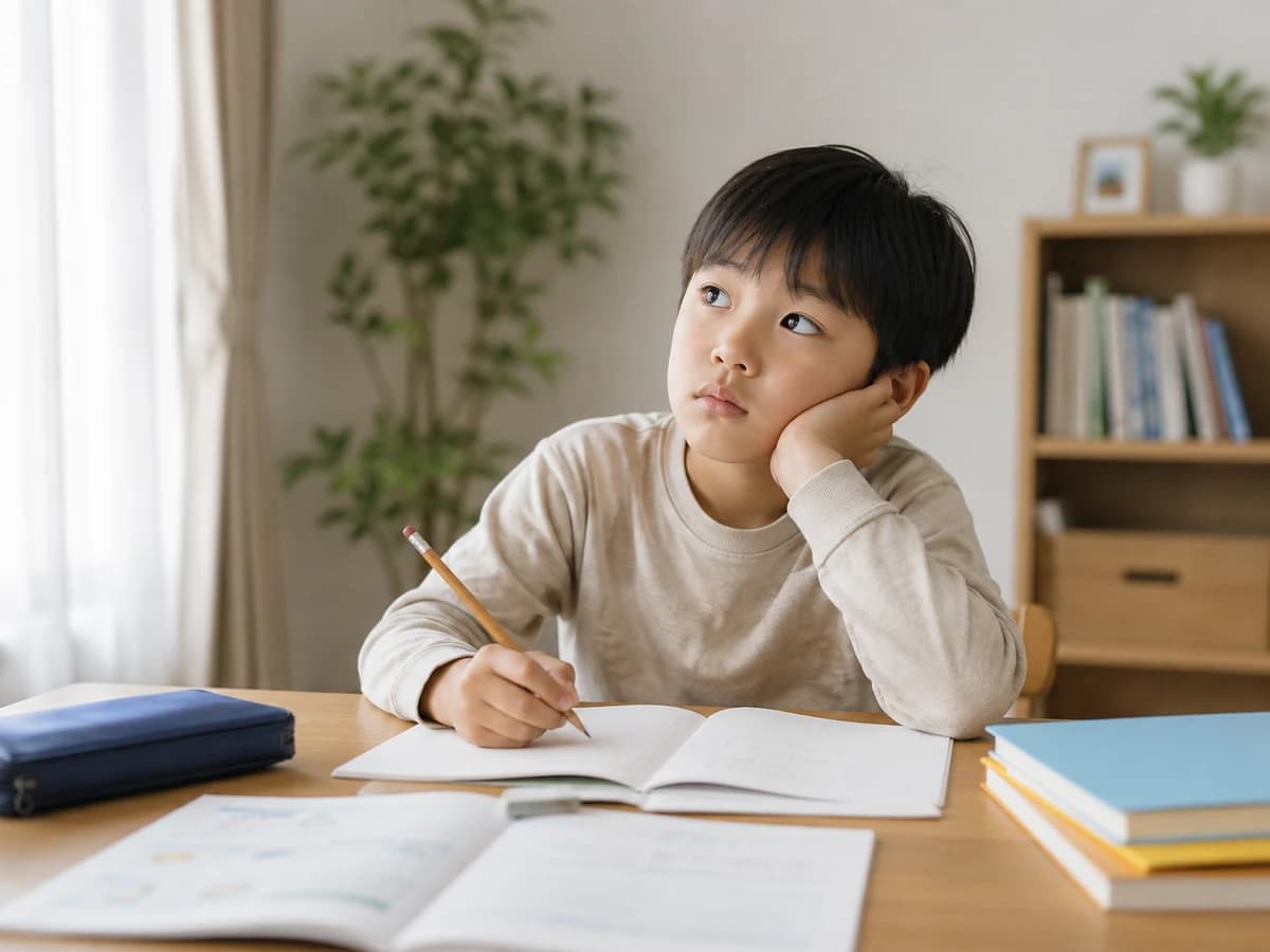 机に向かって勉強しながら、少し気がそれている子ども
