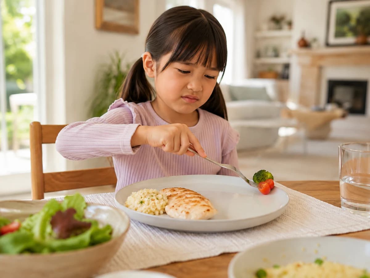 家庭の食卓で、苦手な野菜を皿の端に押しやっている日本人の女の子