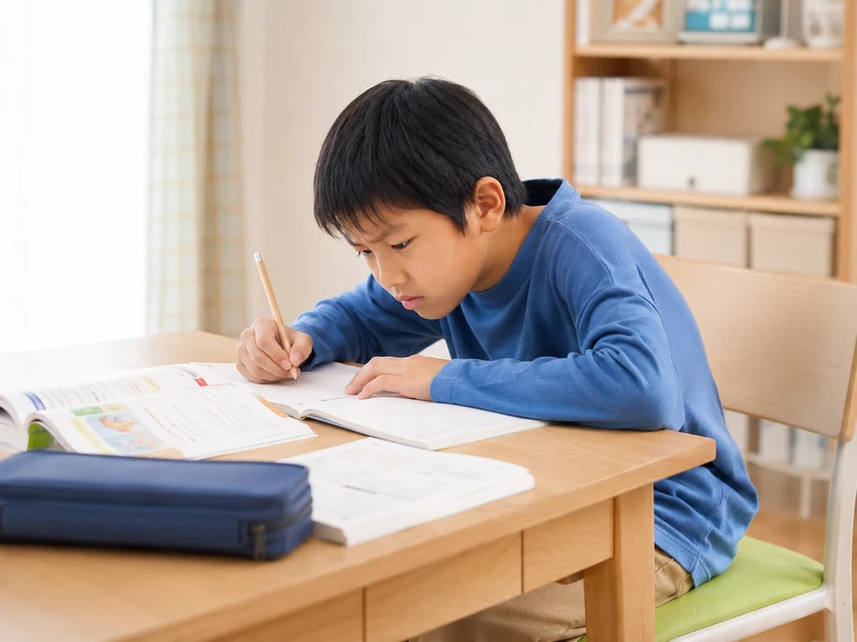 机に向かって学習しているが、前かがみで姿勢が少し崩れている男の子