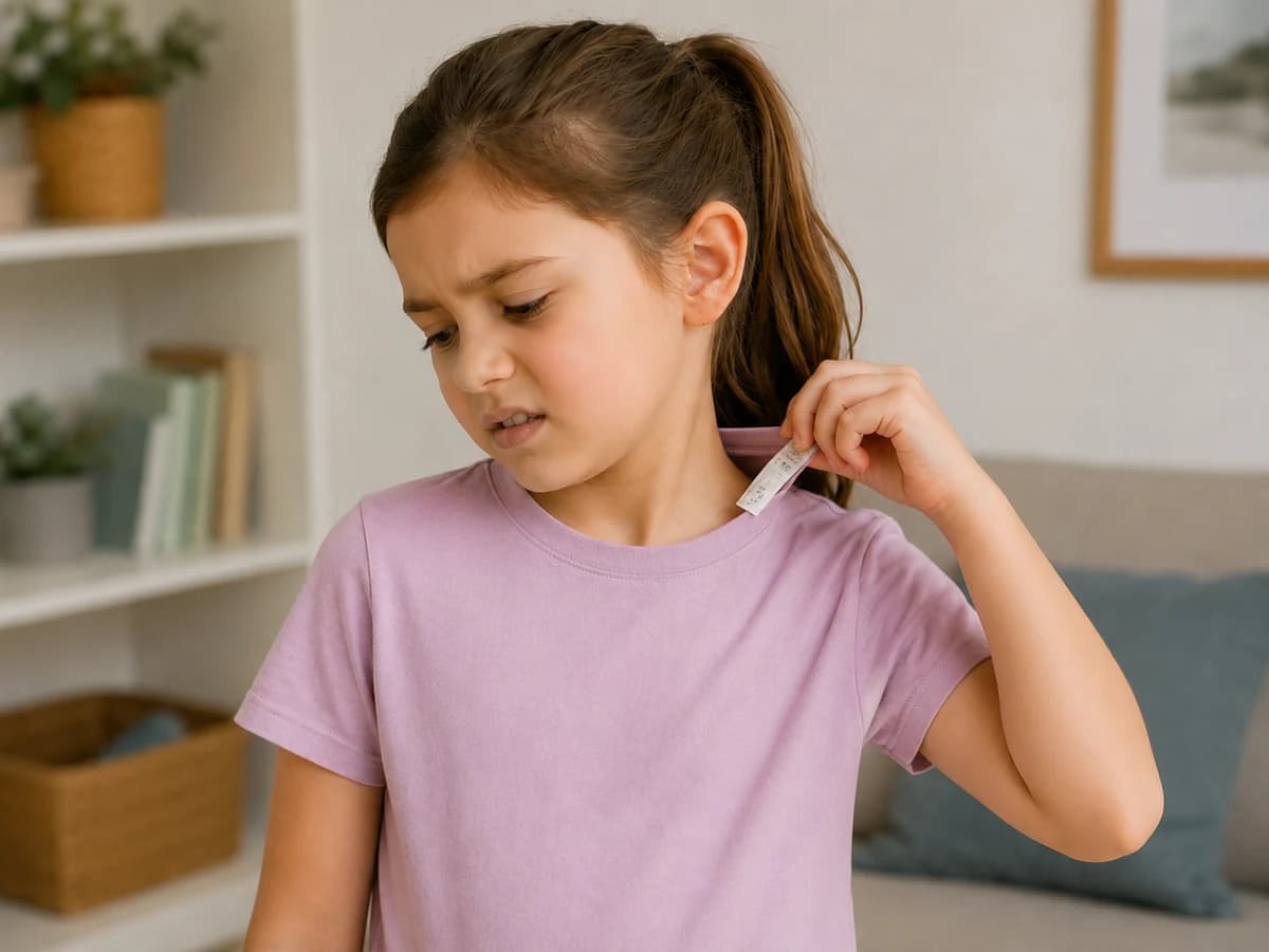 首元のタグが気になって、Tシャツのタグを引っ張っている女の子
