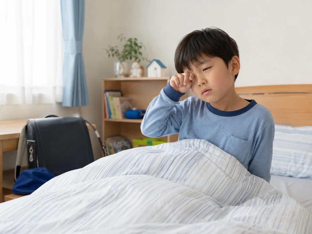 朝の寝室で、起きづらそうに目をこする男の子
